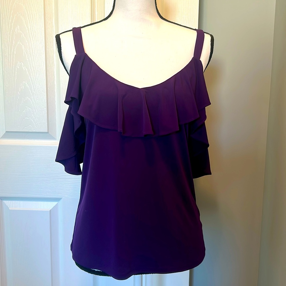 EXPRESS cold shoulder, ruffle top. Color purple.